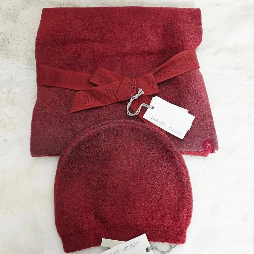 Barefoot Dreams CozyChic Lite Crimson Confetti Beanie & Scarf Set NWT